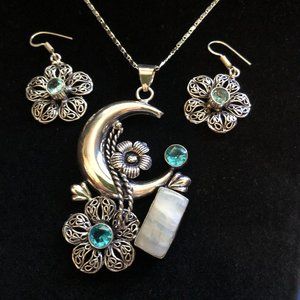 Flower Moon Rainbow Moonstone Blue Topaz Gemstone 925 Necklace + Earrings